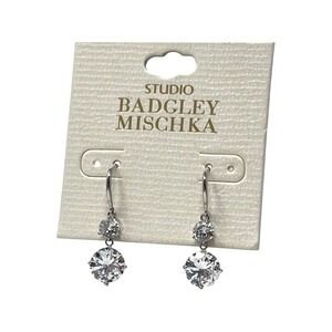 Studio Badgley Mischka Clear Crystal Double Drop Dangle Earrings Silver Tone